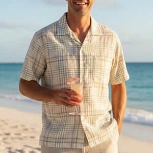 Tommy Bahama Cream Tan Plaid Short Sleeve Camp Shirt Size XL